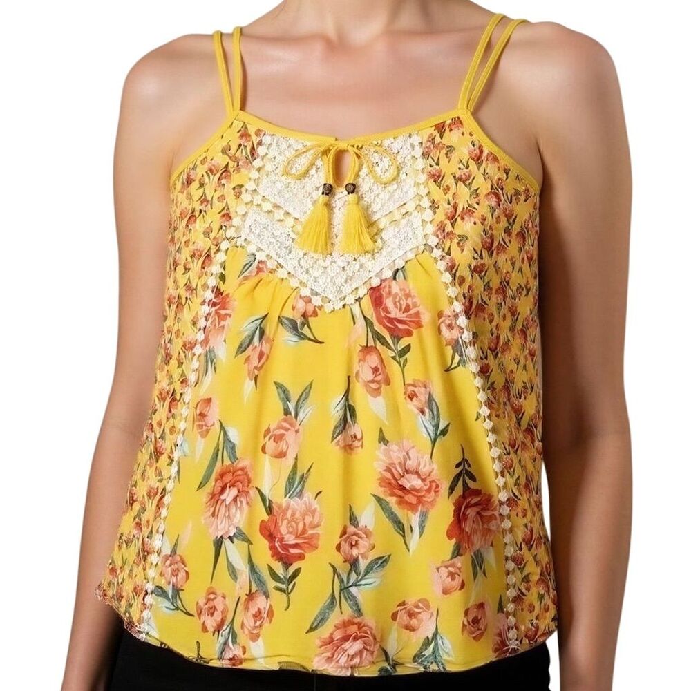 Skylar + Jade Women's Floral‎ Lace Trim Tank Top Yellow Size M
